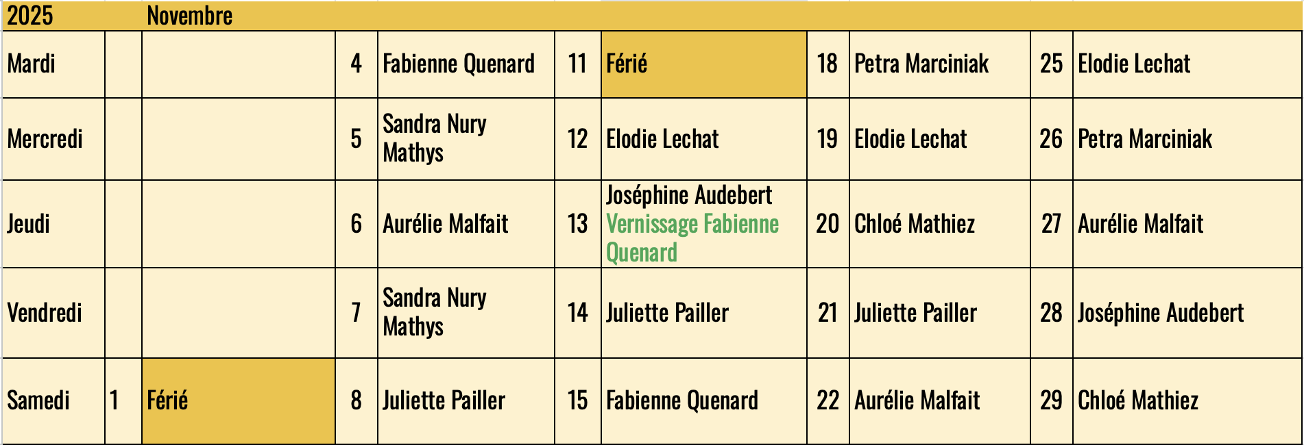 Calendrier des accueils à la galerie CARACTERES de Chambéry