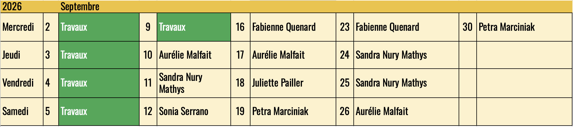 Calendrier des accueils à la galerie CARACTERES en septembre 2026