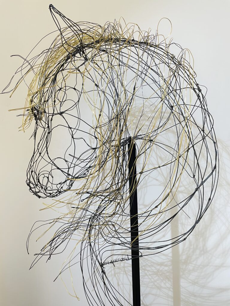 Sculpture "Tête de cheval" en fil d'acier et laiton de Fabienne Quénard à la galerie CARACTÈRES à Chambéry, France